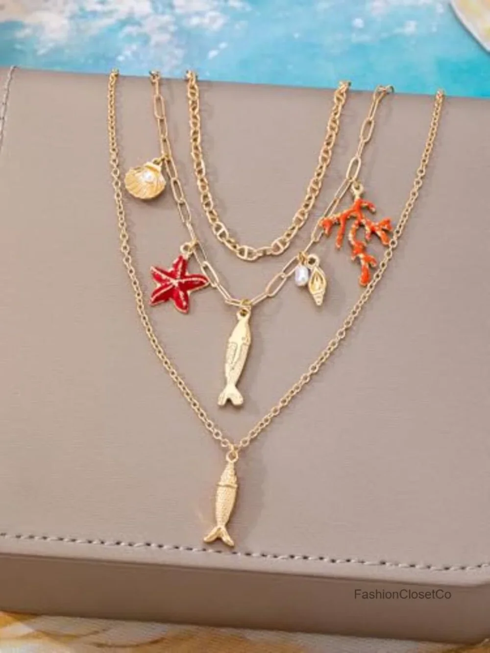 Layered Ocean Charm Necklace Multi Row Fish Starfish Shell Coral Pendant